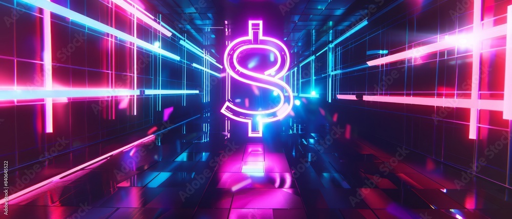 Fototapeta premium A futuristic 2D illustration of the USD dollar symbol, rendered with neon lights and a sleek, modern aesthetic, suitable for hightech and digital themes