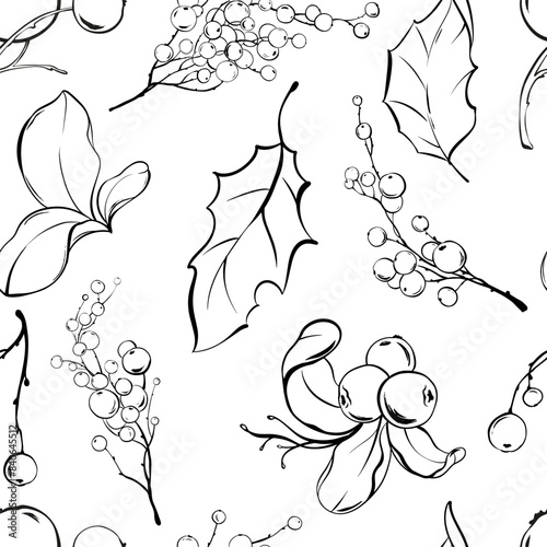 Vector Christmas seamless pattern. Mistletoe berries and ilex branch on isolated background. Sketch outline drawings of holly plants and leaves. Drawn in black ink.