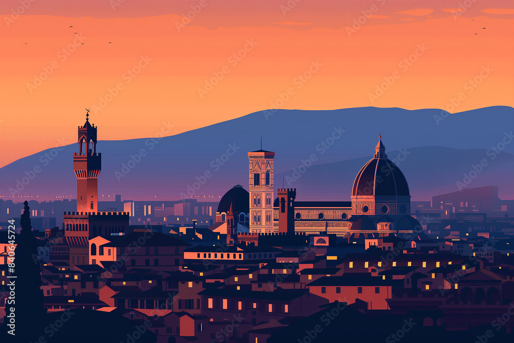 Obraz premium City Silhouette at Dusk, Florence Silhouette, Italy City, Sunset over the city
