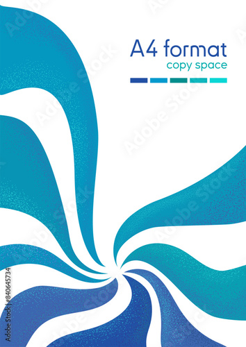 Vector texture illustration for swirl design. Abstract element vortex spiral rotation. Vertical A4 background with copy space. Green, blue isolated waves with noise
