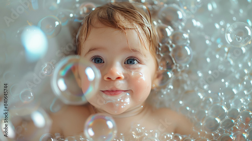 Happy toddler immersed in bubble play on a gray background photo