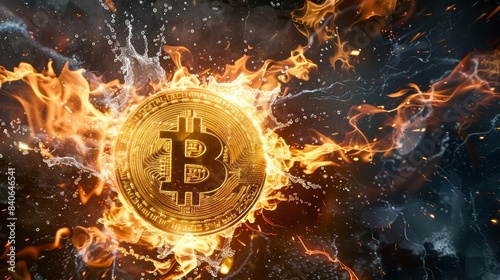 A golden Bitcoin coin surrounded by flames