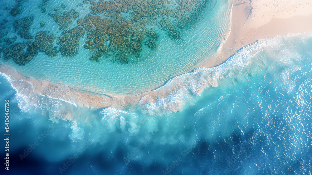 Fototapeta premium High-angle aerial view of a stunning white sand beach with clear turquoise waters and coral reefs.