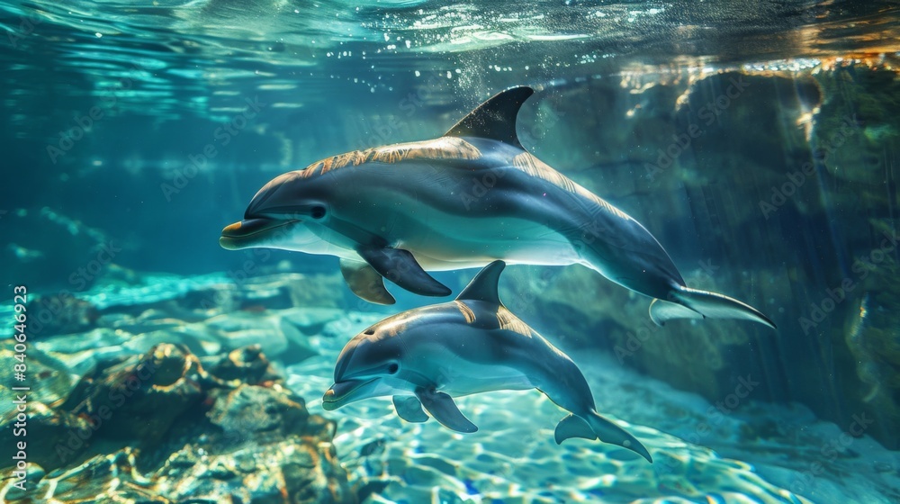 A mother dolphin swimming alongside her calf, tenderly guiding and teaching her young offspring in their underwater world A mother dolphin swimming alongside her calf, tenderly guiding and teaching her young offspring in their underwater world