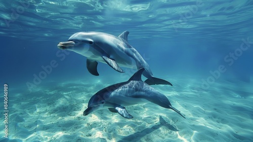 A mother dolphin swimming alongside her calf  tenderly guiding and teaching her young offspring in their underwater world