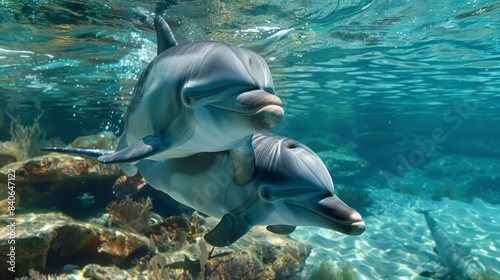 A mother dolphin swimming alongside her calf  tenderly guiding and teaching her young offspring in their underwater world