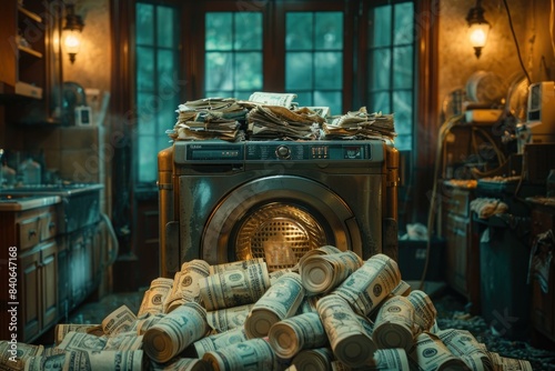A conceptual image with a washing machine overflowing with cash in a dim vintage setting, implying money laundering photo