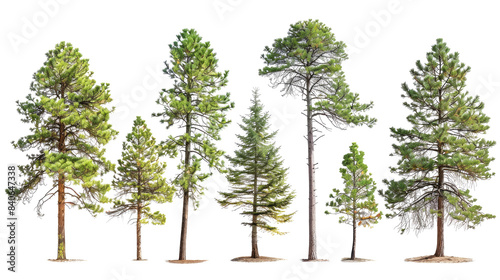set of ponderosa pine trees  with isolated transparent background