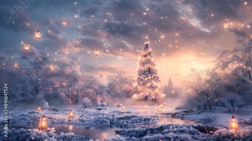 A surreal Christmas tree made of shimmering ice crystals, with floating lanterns casting an ethereal glow in an otherworldly, snowy forest