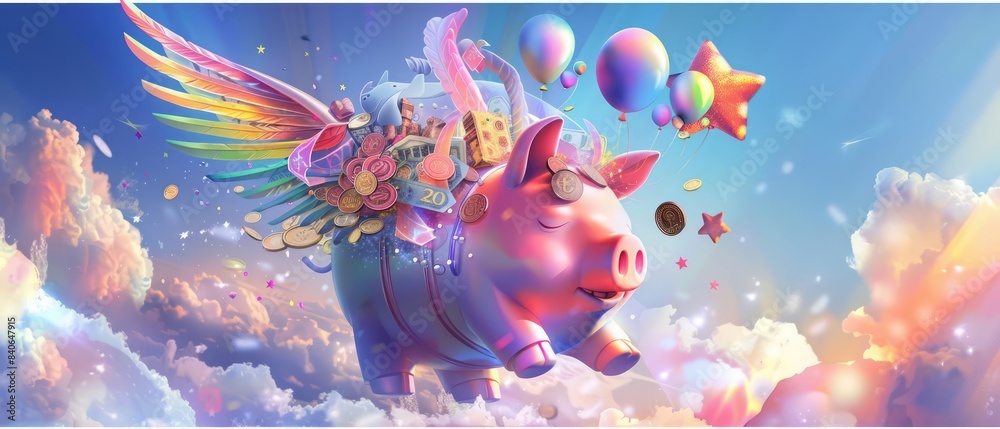 A surreal piggy bank with wings and rainbow colors A surreal piggy bank with wings and rainbow colors