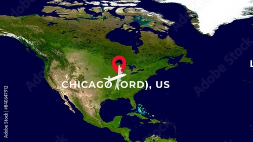 International flight travel route from CHICAGO O'HARE (ORD), US to LONDON HEATHROW (LHR), GB on worlds map in 4K