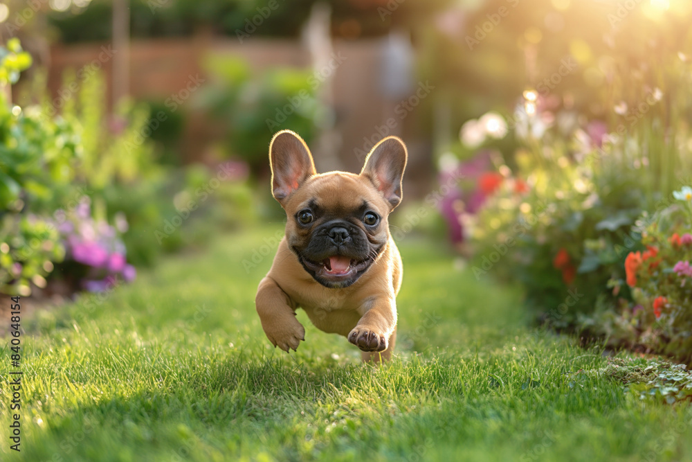 A playful French Bulldog puppy running towards the camera in a beautiful garden, surrounded by colorful flowers A playful French Bulldog puppy running towards the camera in a beautiful garden, surrounded by colorful flowers