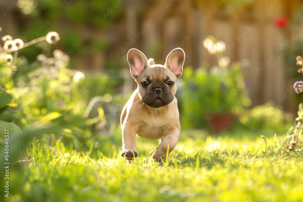 French Bulldog puppy running energetically across a sunlit garden, with ears flopping and plants in the background.. French Bulldog puppy running energetically across a sunlit garden, with ears flopping and plants in the background..