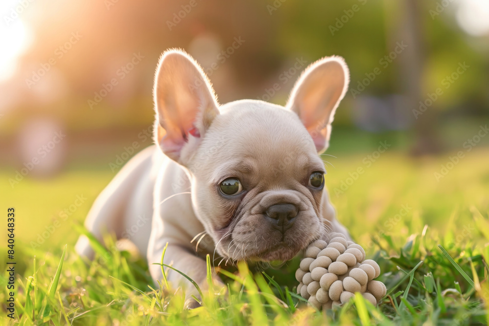 French Bulldog puppy resting on the grass with a toy ball, bathed in warm sunlight in a park.. French Bulldog puppy resting on the grass with a toy ball, bathed in warm sunlight in a park..