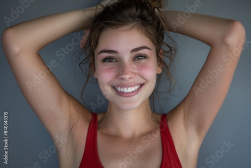 a cheerful Caucasian woman displays her dance prowess in a stylish red tank top with hands on head, radiates happiness against a calming gray backdrop.