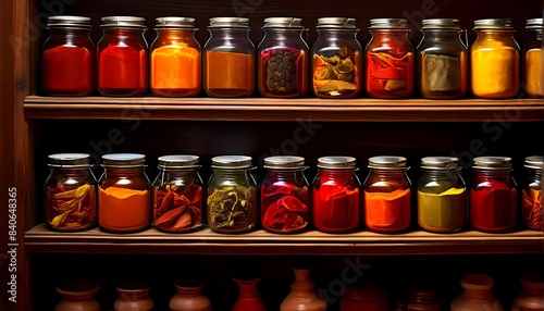 Air tight jars arrayed meticulously on wooden shelves brimming with colorful spices, AI-Generated photo