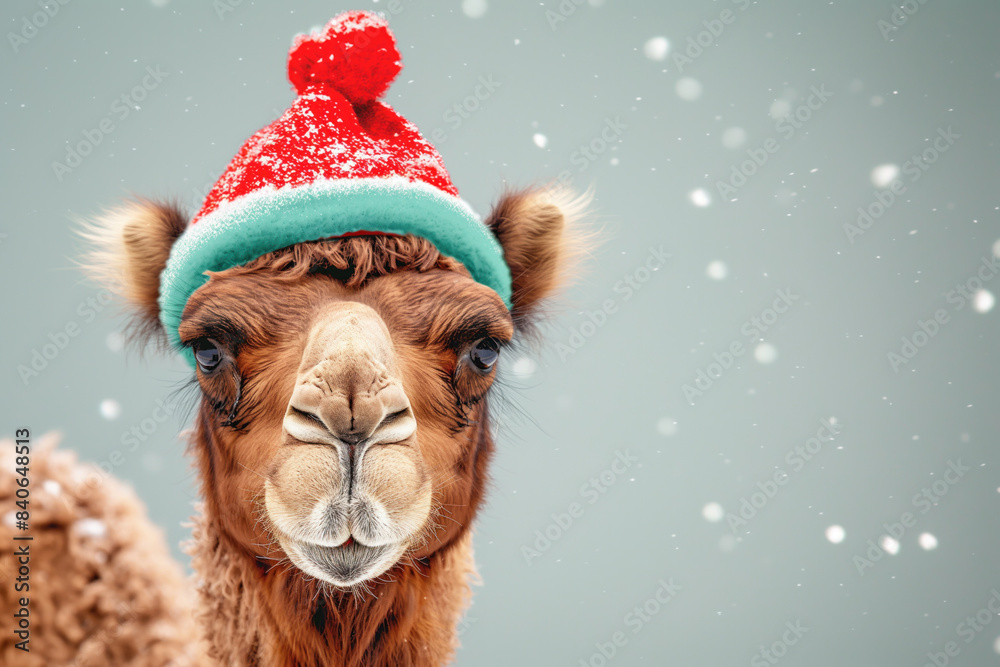 Close-up of a camel wearing a red and green knitted hat with a pompom, with a snowy background.