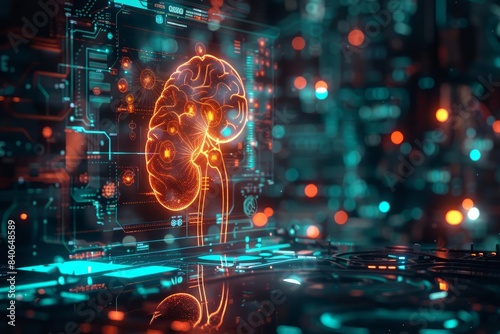 An amazing futuristic HUD displays a glowing  big icon of a kidney  depicting advancements in nephrology