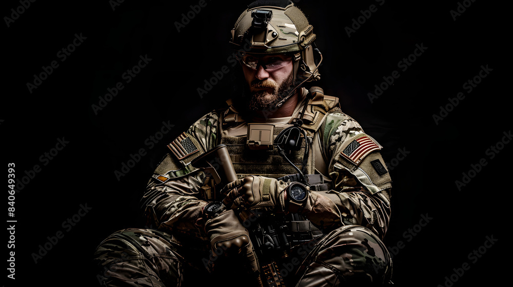 Special forces United States soldier or private military contractor. Image on a black background. Special forces United States soldier or private military contractor. Image on a black background.