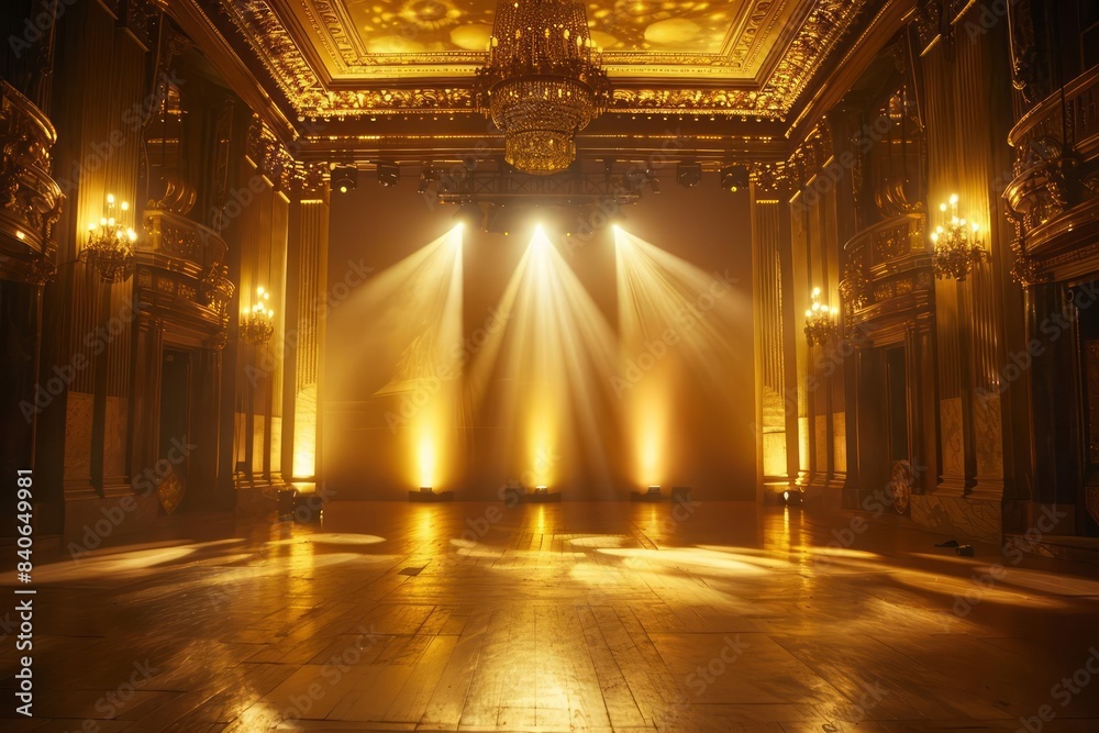 Obraz premium Design a highend empty stage with a opulent gold backdrop and glowing lighting