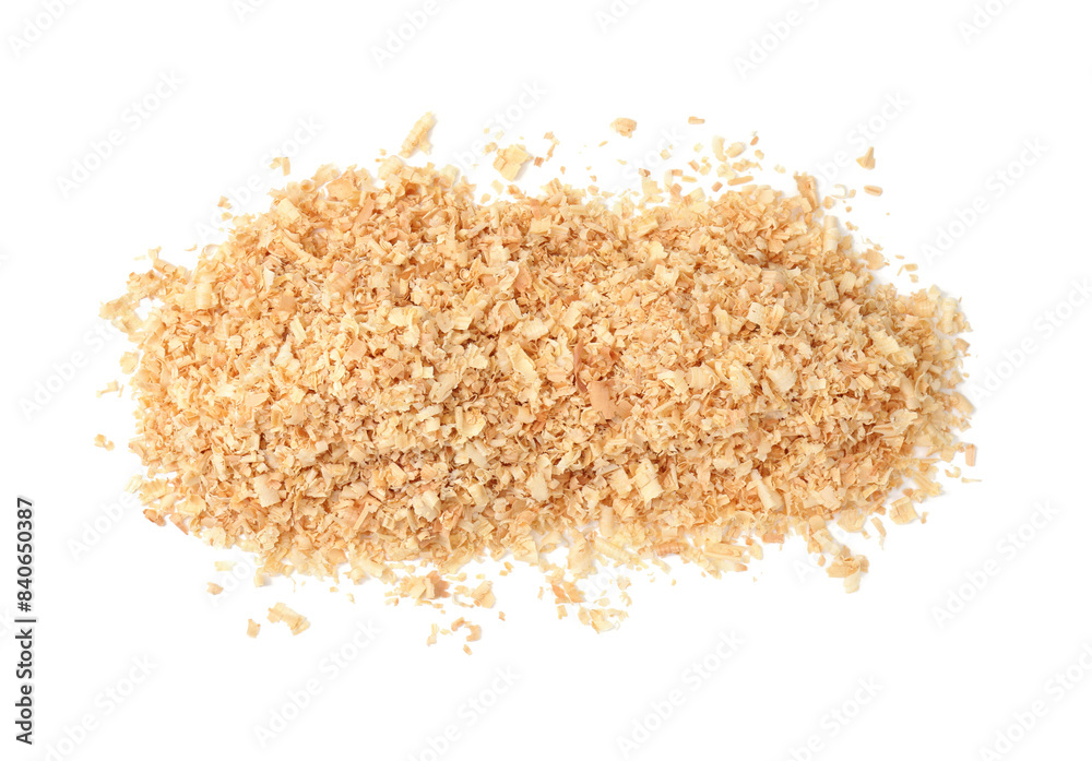 Pile of natural sawdust isolated on white, top view Pile of natural sawdust isolated on white, top view