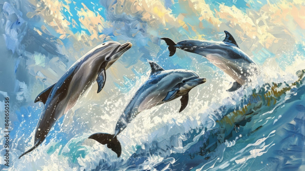 Obraz premium A pair of dolphins engaged in a playful game of chase, darting and weaving through the water with agility and grace