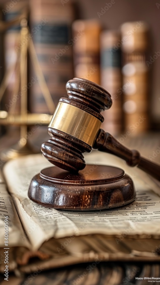 Close-up of judge's gavel in courtroom setting with law books in the background, symbolizing justice and legal proceedings.