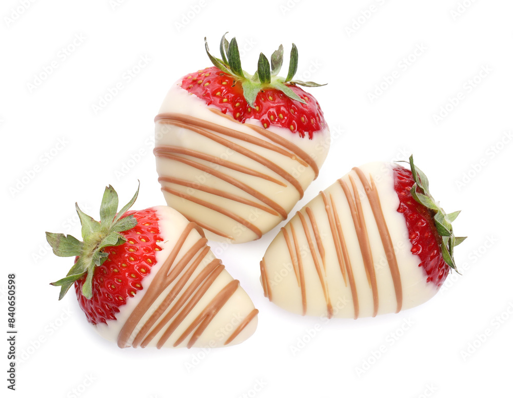 Delicious chocolate covered strawberries isolated on white, top view Delicious chocolate covered strawberries isolated on white, top view