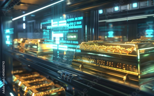 Futuristic golden bullions floating in a sleek, hightech vault, with holographic data displays indicating their value, epitomizing advanced financial technology