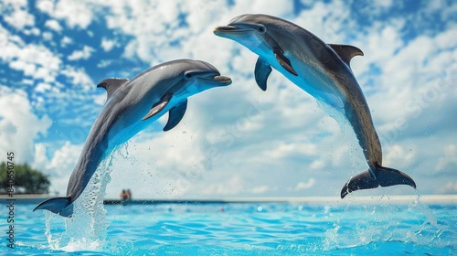 A pair of dolphins performing synchronized jumps in a marine park or aquarium, delighting spectators with their acrobatic displays
