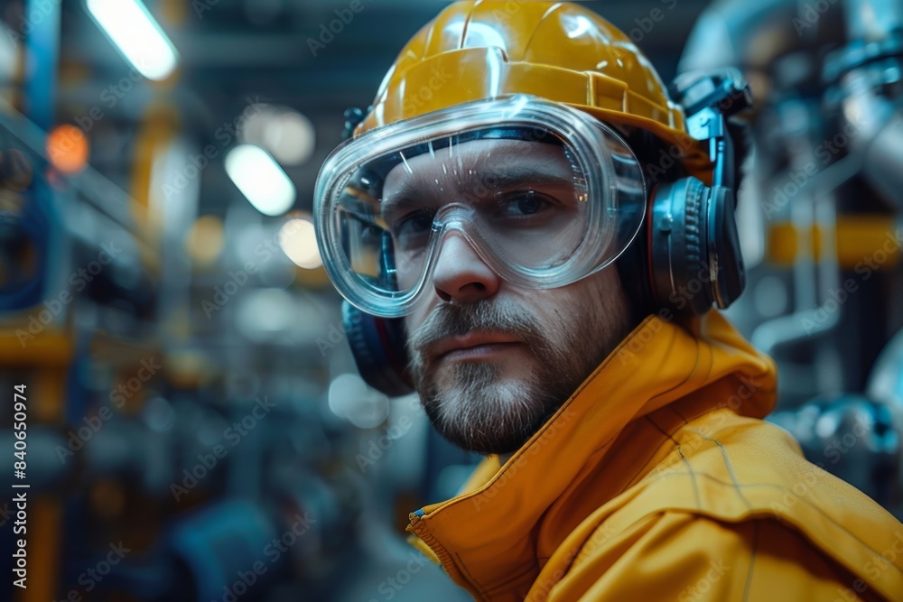 Male industrial worker wearing safety gear, helmet, goggles, and headphones in a factory setting, focused and determined in his task. Male industrial worker wearing safety gear, helmet, goggles, and headphones in a factory setting, focused and determined in his task.