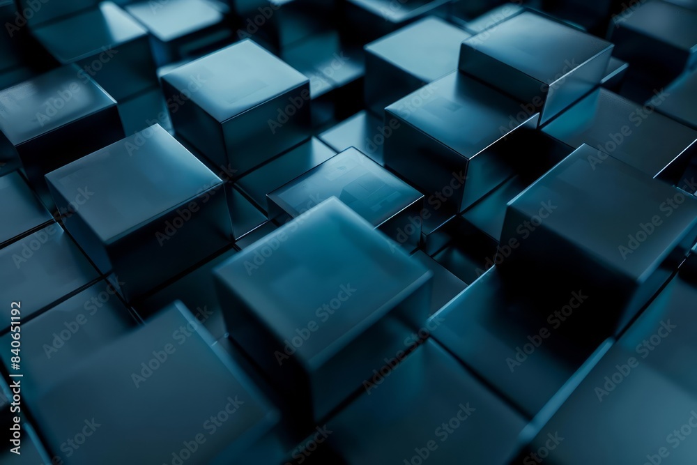 Hightech blue cubes casting shadows on a mysterious dark surface