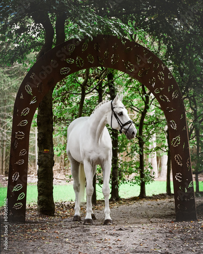 White sport horse in nature under bow 