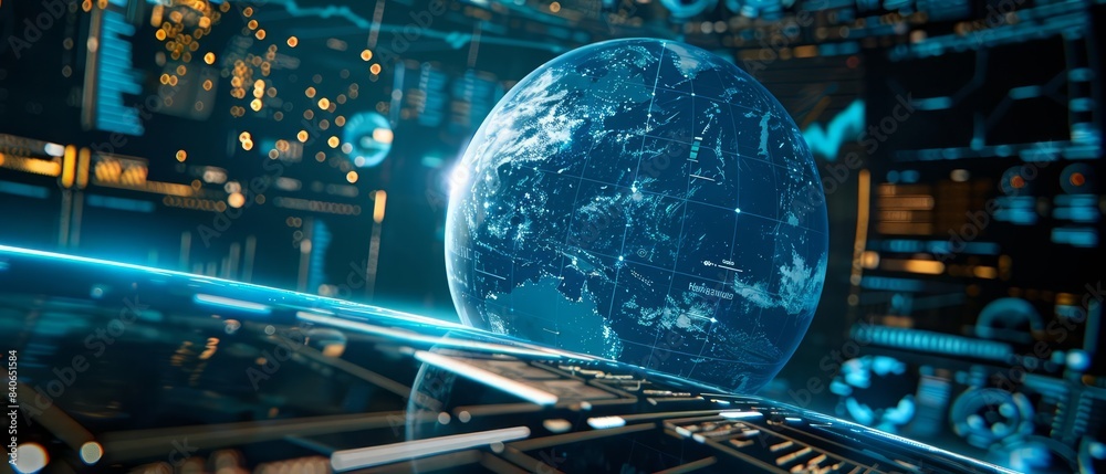 In a hightech display, a closeup of a virtual globe highlights areas significantly affected by the greenhouse effect In a hightech display, a closeup of a virtual globe highlights areas significantly affected by the greenhouse effect