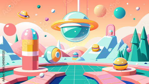 Vibrant Retro-Futuristic Space Colony Illustration