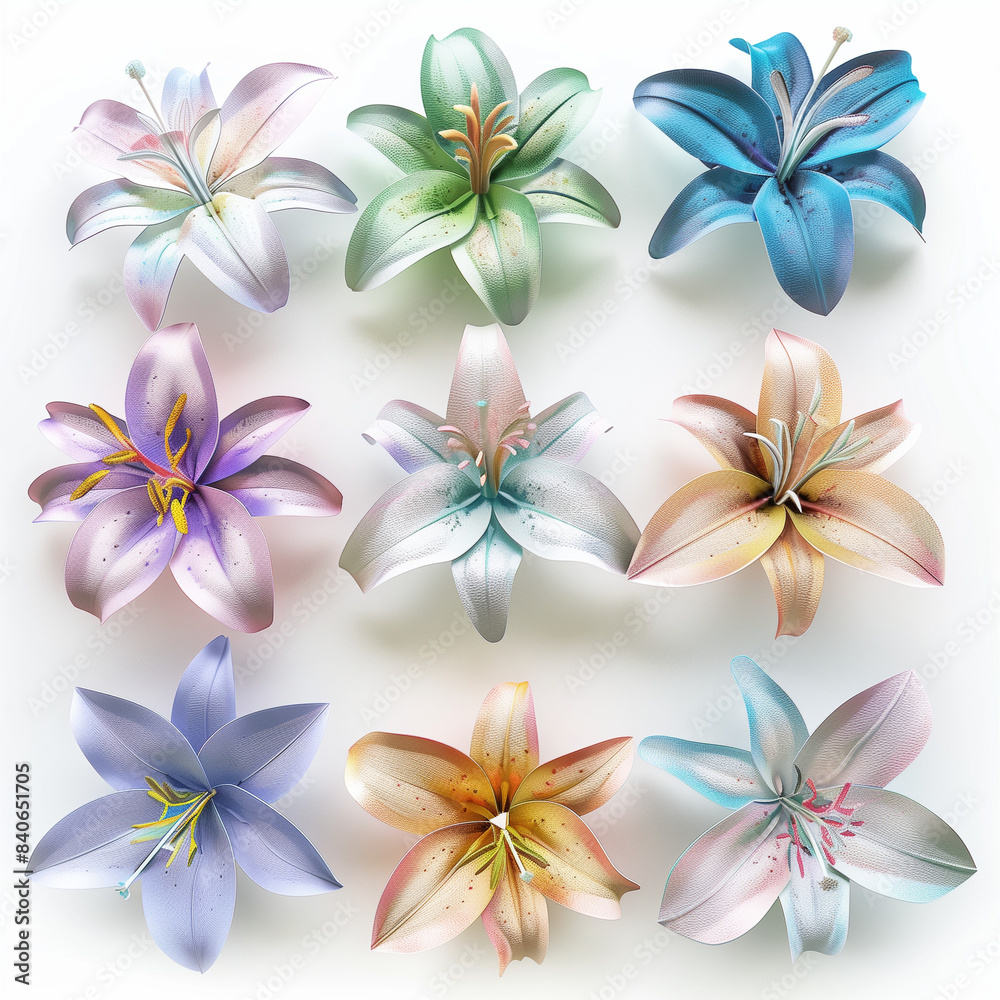 A set of realistic lily flowers in pastel colors, with each having different shades and styles, arranged on a white background. The flowers have detailed textures and appear to be made from paper or f A set of realistic lily flowers in pastel colors, with each having different shades and styles, arranged on a white background. The flowers have detailed textures and appear to be made from paper or f