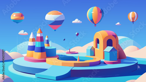 Vibrant Digital Landscape with Floating Islands and Colorful Balloons