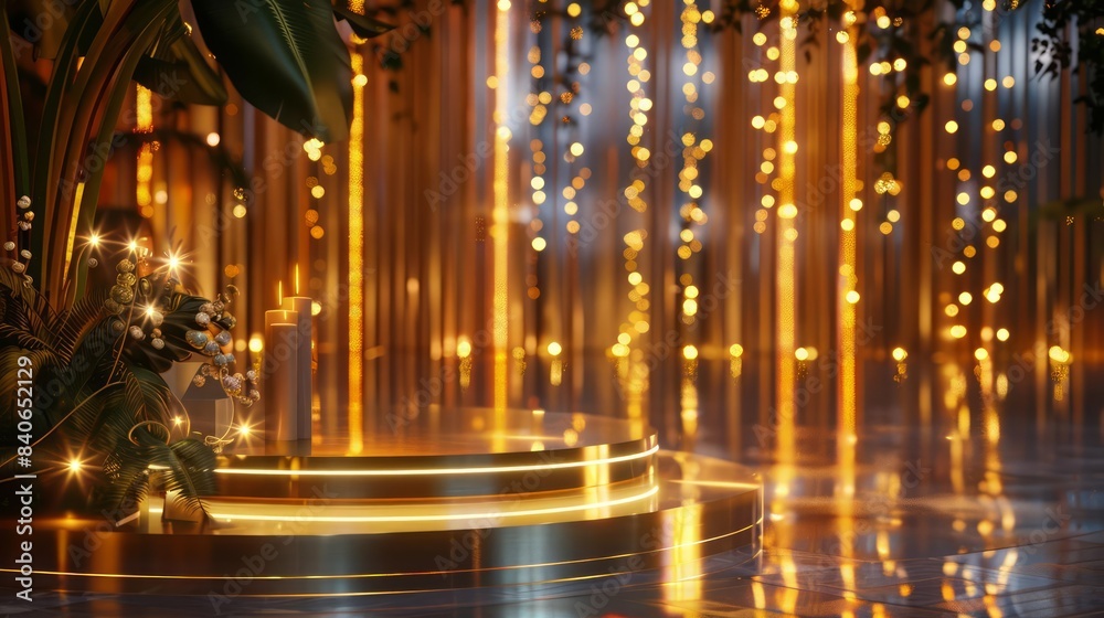 Obraz premium Produce a luxurious and elegant event decoration featuring a shiny gold podium and sparkling lights
