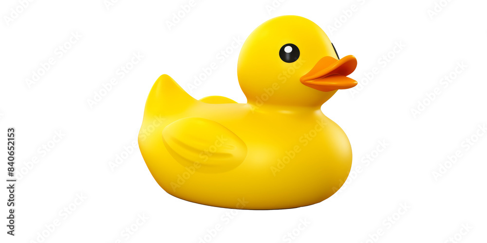 Fototapeta premium Bright yellow rubber duck toy with a cheerful expression, perfect for bath time fun on a clean, white background.