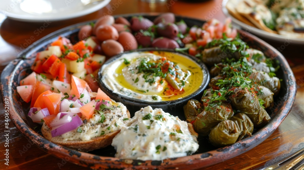 A plate of colorful Greek mezze including tangy tzatziki, creamy hummus, and flavorful dolmades, A plate of colorful Greek mezze including tangy tzatziki, creamy hummus, and flavorful dolmades,