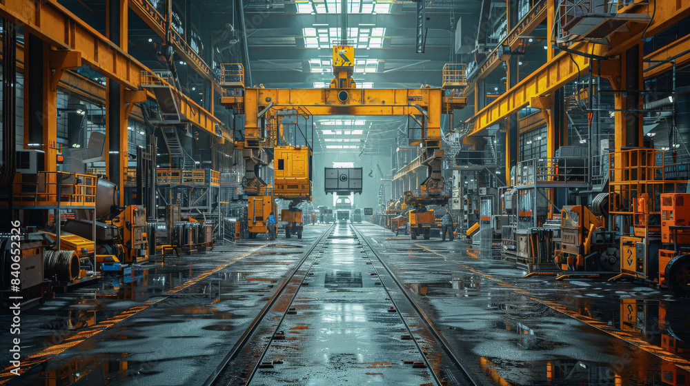 A photorealistic image showcasing an expansive car part stamping factory. The industrial setting features a massive, brightly lit production area. A photorealistic image showcasing an expansive car part stamping factory. The industrial setting features a massive, brightly lit production area.