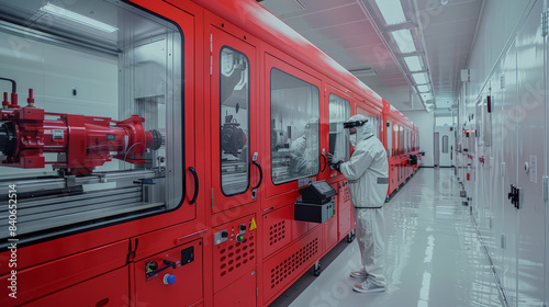 A highly sterile, advanced manufacturing facility featuring a worker in protective gear operating sophisticated red machinery.