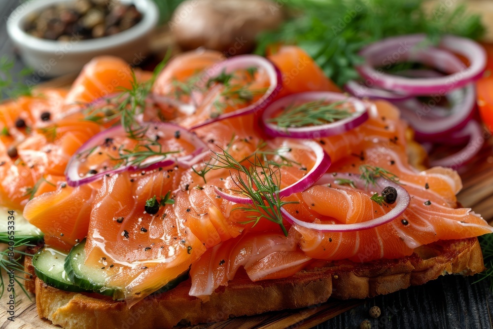 Fresh smoked salmon with dill and onions, beautifully plated, gourmet, food photography Fresh smoked salmon with dill and onions, beautifully plated, gourmet, food photography