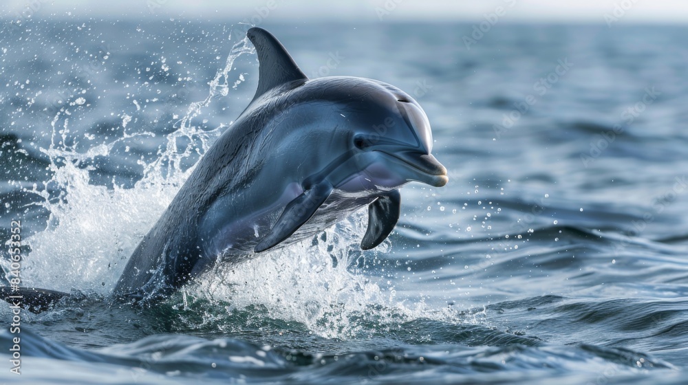 Naklejka premium A playful dolphin jumping out of the water with a joyful expression, creating a splash as it returns to the ocean surface