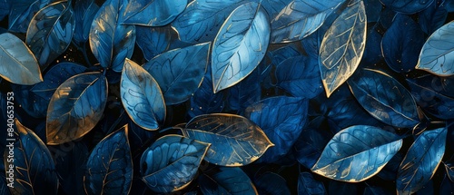 Blue Leaves Illustration, Elegant blue leaves with gold accents, Botanical Art ,Renaissance painting style