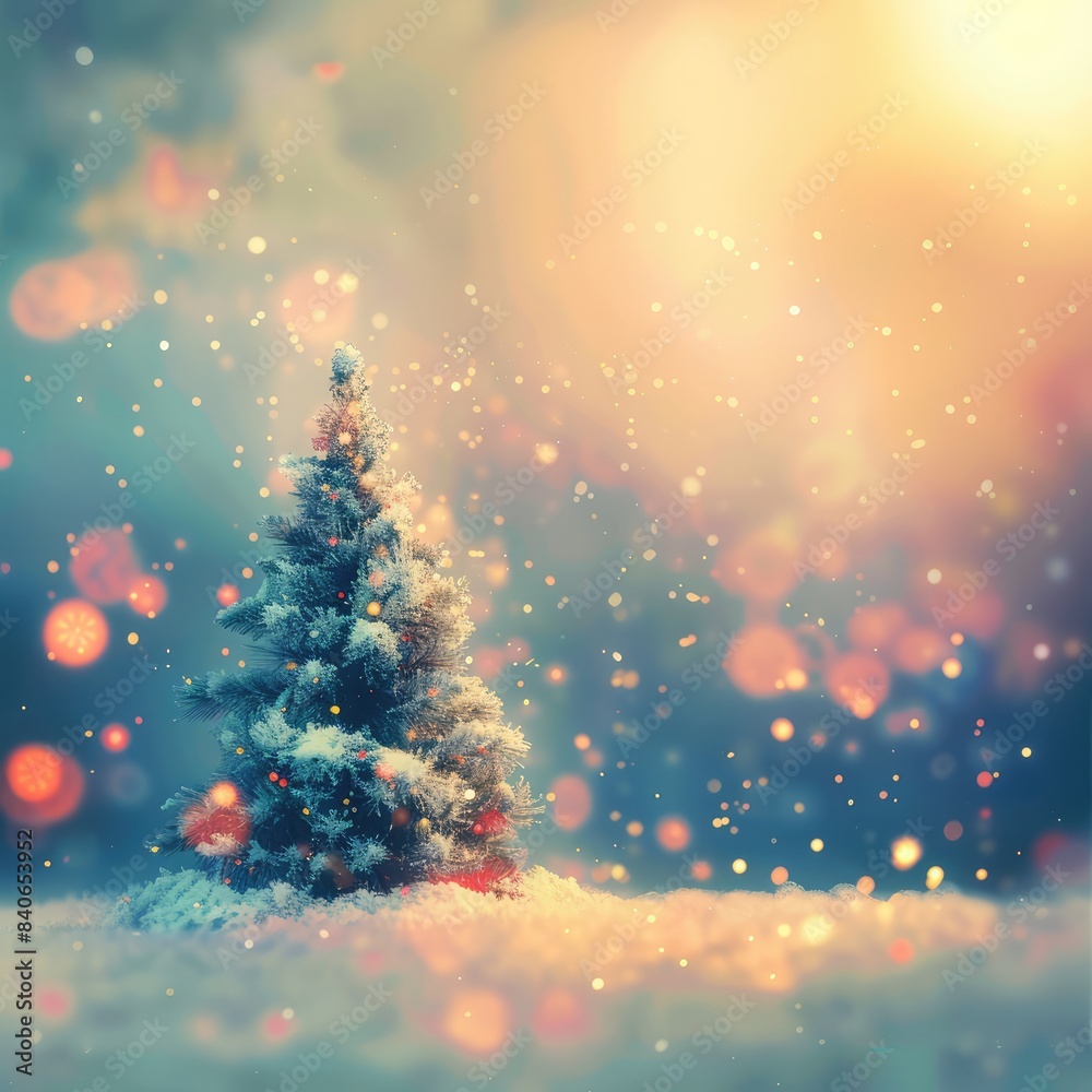 Christmas Tree in Snow with Holiday Lights, Dreamy Winter Wonderland Scene, Cozy Festive Background for Celebrations, Bright Bokeh Effects Christmas Tree in Snow with Holiday Lights, Dreamy Winter Wonderland Scene, Cozy Festive Background for Celebrations, Bright Bokeh Effects