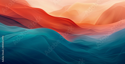 Abstract background with waves of different colors, creating an abstract landscape with a gradient from orange to blue and teal. The design features soft curves and smooth lines that give the impressi photo