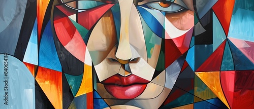 Geometric Abstract Face, Stylized portrait with geometric shapes and bold colors, Modern Cubism ,Renaissance painting style photo