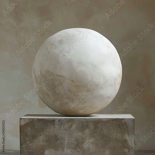 Abstract Stone Sphere on Smooth Cube Base  Earth Tones Background  Curved Stone Texture  Minimalistic Decorative Art