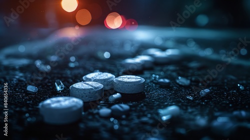 An open bottle spilling tablets and capsules on the floor, bokeh background, dark tones. photo
